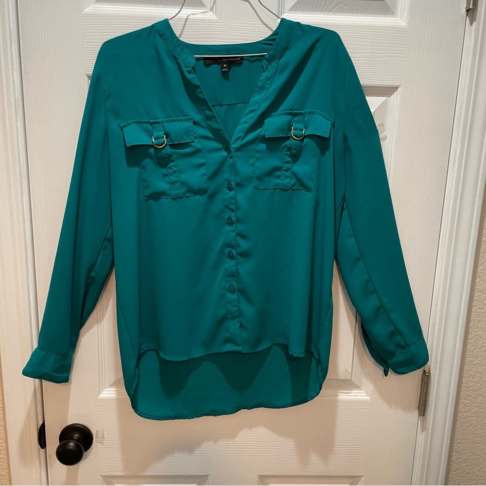 Harve Benard aqua green button up shirt sheer material